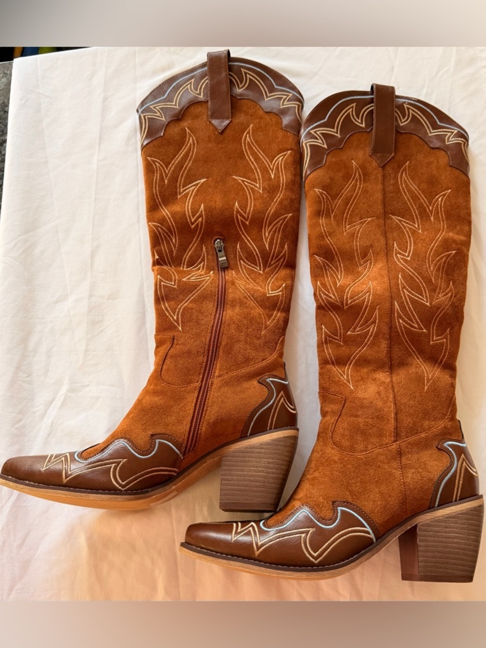Women’s Brown Suede Western Heeled Boots with Embroidered Detail